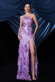 Sparkly Purple One Shoulder Long Formal Dress With Slit