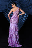 Sparkly Purple One Shoulder Long Formal Dress With Slit