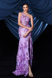 Sparkly Purple One Shoulder Long Formal Dress With Slit