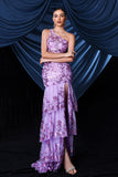 Sparkly Purple One Shoulder Long Formal Dress With Slit