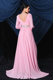 Pink Chiffon Long Sleeves Formal Dress With Slit