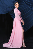 Pink Chiffon Long Sleeves Formal Dress With Slit