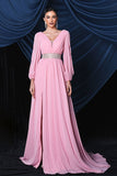 Pink Chiffon Long Sleeves Formal Dress With Slit