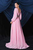 Pink Chiffon Long Sleeves Formal Dress With Slit