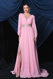 Pink Chiffon Long Sleeves Formal Dress With Slit