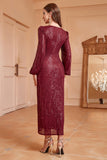 Sparkly Burgundy Mermaid V-Neck Formal Dress With Long Sleeves