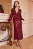 Sparkly Burgundy Mermaid V-Neck Formal Dress With Long Sleeves