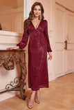 Sparkly Burgundy Mermaid V-Neck Formal Dress With Long Sleeves