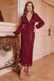 Sparkly Burgundy Mermaid V-Neck Formal Dress With Long Sleeves