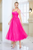 Fuchsia A Line Spaghetti Straps Formal Dress with Bow