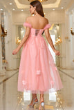 Pink A Line Off The Shoulder Formal Dress with Lace Up Back