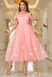 Pink A Line Off The Shoulder Formal Dress with Lace Up Back