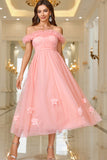 Pink A Line Off The Shoulder Formal Dress with Lace Up Back