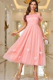 Pink A Line Off The Shoulder Formal Dress with Lace Up Back