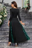 Sparkly Black Green A Line Sequined Formal Dress With Long Sleeves