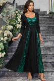 Sparkly Black Green A Line Sequined Formal Dress With Long Sleeves