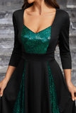 Sparkly Black Green A Line Sequined Formal Dress With Long Sleeves