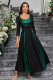 Sparkly Black Green A Line Sequined Formal Dress With Long Sleeves