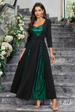 Sparkly Black Green A Line Sequined Formal Dress With Long Sleeves