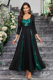 Sparkly Black Green A Line Sequined Formal Dress With Long Sleeves