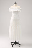 Cute A-Line White Off the Shoulder Midi Formal Dress with Ruffles