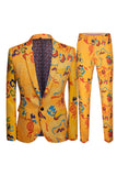 Yellow 2 Piece Notched Lapel Print Men's Suits