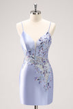 Sparkly Blue Sequined Floral Tight Short Cockrail Dress with Beading