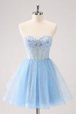 Sky Blue A Line Sweetheart Corset Tulle Cocktail Dress with Sequins