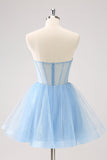 Sky Blue A Line Sweetheart Corset Tulle Cocktail Dress with Sequins