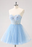 Sky Blue A Line Sweetheart Corset Tulle Cocktail Dress with Sequins