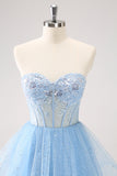 Sky Blue A Line Sweetheart Corset Tulle Cocktail Dress with Sequins