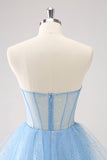 Sky Blue A Line Sweetheart Corset Tulle Cocktail Dress with Sequins