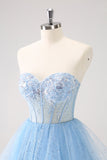 Sky Blue A Line Sweetheart Corset Tulle Cocktail Dress with Sequins