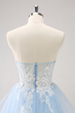 Blue A Line Spaghetti Straps Short Cocktail Dress with Appliques