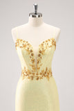 Sparkly Yellow Spaghetti Straps Tight Cocktail Dress with Sequins