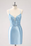 Blue Spaghetti Straps Tight Short Cocktail Dress with Appliques