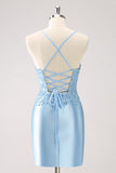 Blue Spaghetti Straps Tight Short Cocktail Dress with Appliques