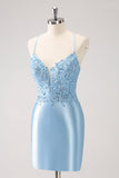 Blue Spaghetti Straps Tight Short Cocktail Dress with Appliques