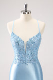 Blue Spaghetti Straps Tight Short Cocktail Dress with Appliques