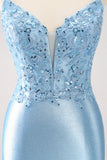 Blue Spaghetti Straps Tight Short Cocktail Dress with Appliques