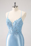 Blue Spaghetti Straps Tight Short Cocktail Dress with Appliques