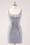 Sparkly Grey Square Neck Short Tight Cocktail Dress with Sequins