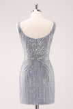 Sparkly Grey Square Neck Short Tight Cocktail Dress with Sequins