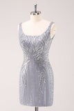 Sparkly Grey Square Neck Short Tight Cocktail Dress with Sequins