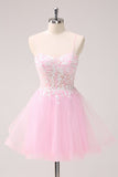 Pink A Line Spaghetti Straps Tulle Corset Cocktail Dress with Appliques