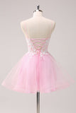 Pink A Line Spaghetti Straps Tulle Corset Cocktail Dress with Appliques