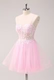 Pink A Line Spaghetti Straps Tulle Corset Cocktail Dress with Appliques