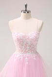 Pink A Line Spaghetti Straps Tulle Corset Cocktail Dress with Appliques