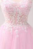 Pink A Line Spaghetti Straps Tulle Corset Cocktail Dress with Appliques