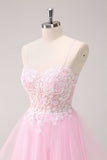 Pink A Line Spaghetti Straps Tulle Corset Cocktail Dress with Appliques